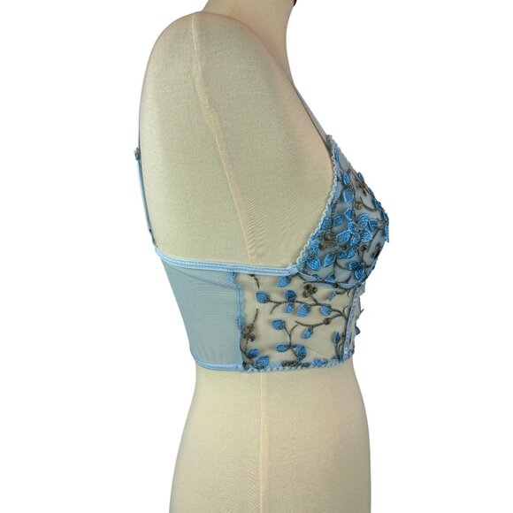 Blue Floral Embroidered Mesh Crop Bralette Adjustable Straps Size S - Picture 5 of 9